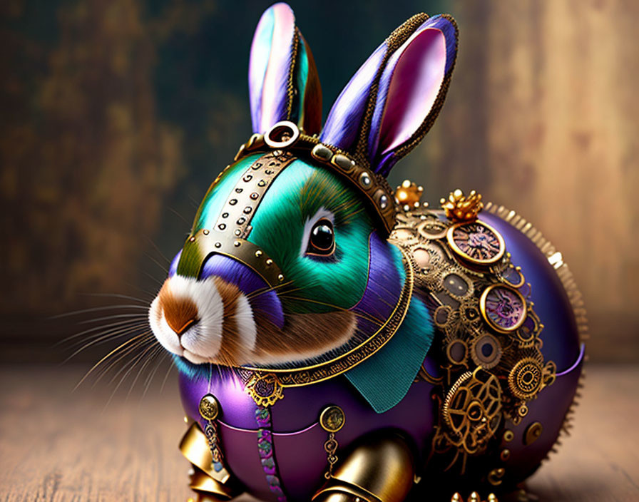 Steampunk-inspired Rabbit Figurine with Metallic Look and Gears on Wooden Background