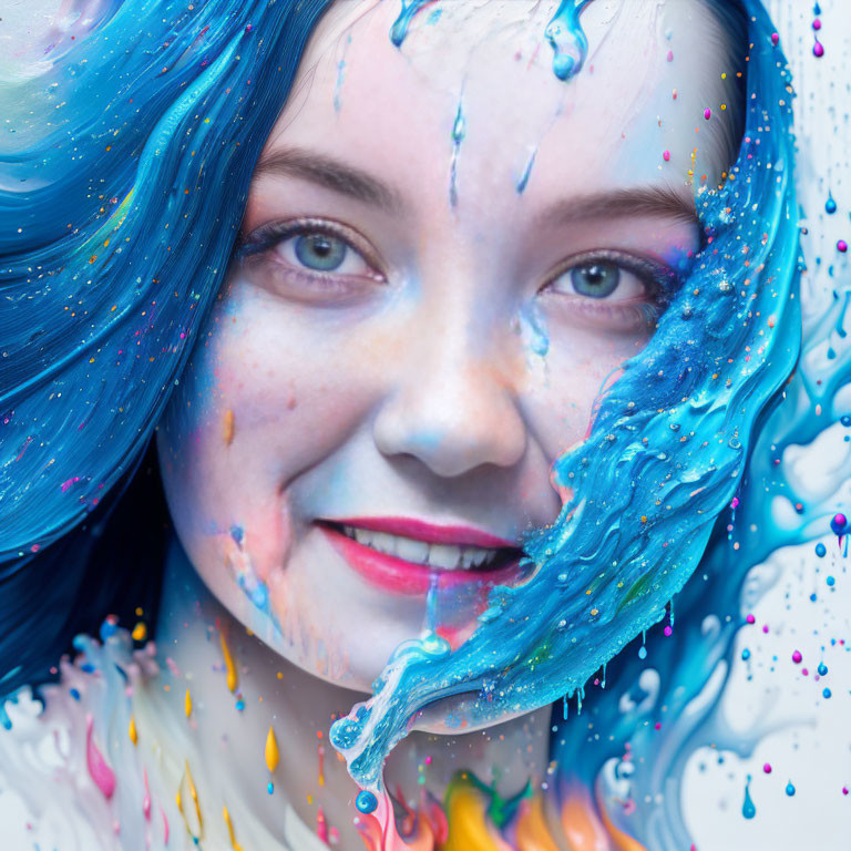 Woman with Blue Paint Flowing in Hair and Colorful Specks