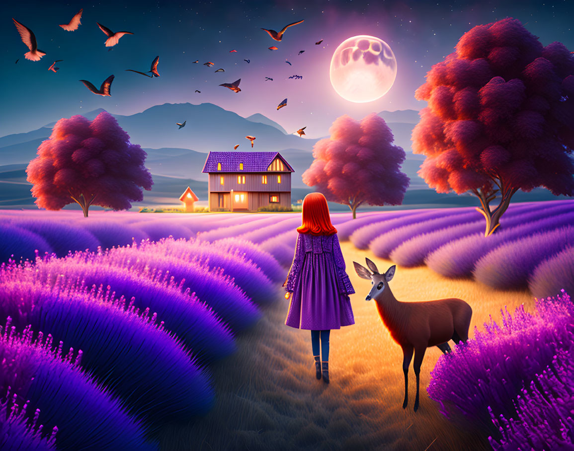 Girl in purple coat with deer in lavender fields under twilight sky full moon birds illuminated cottage