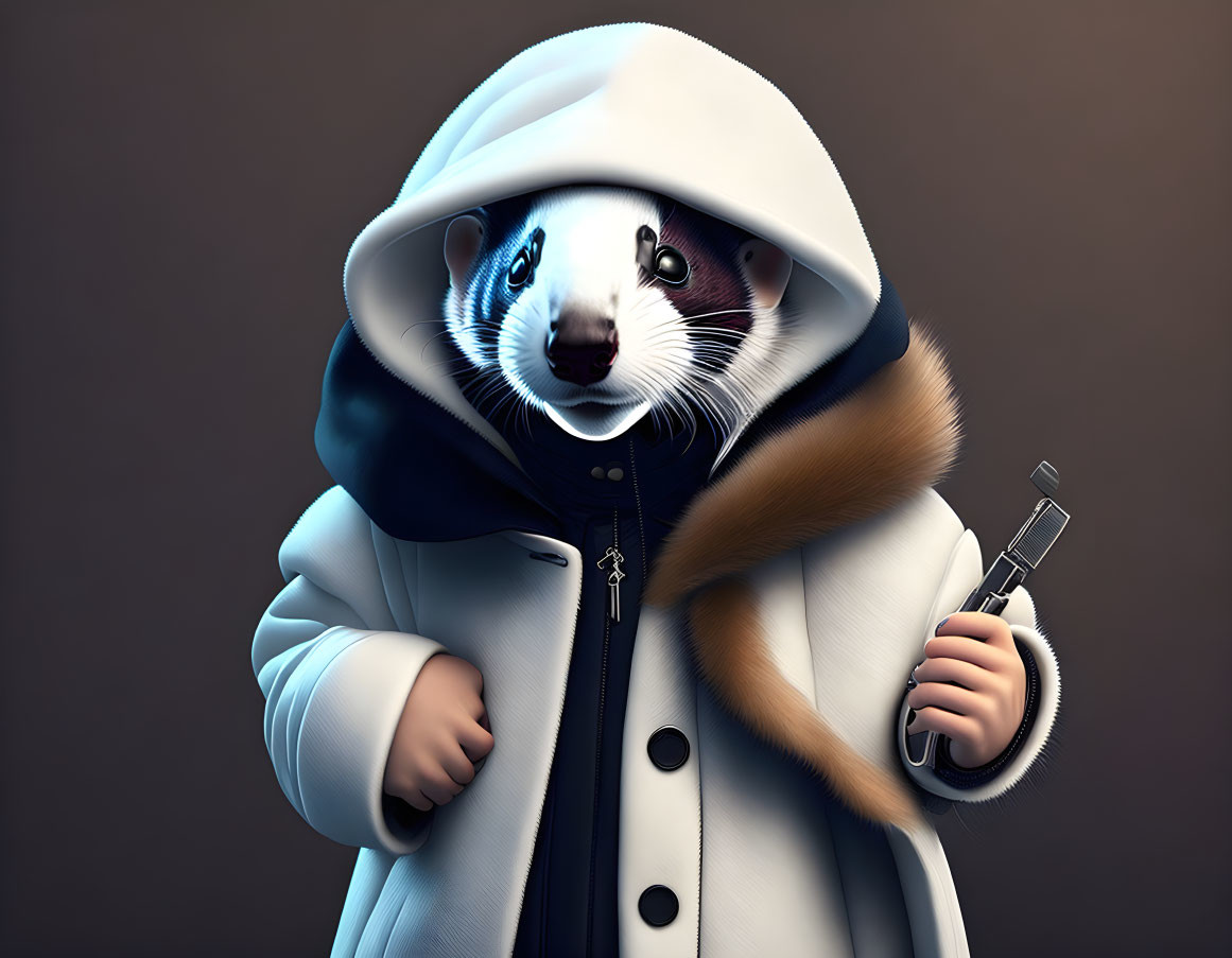 Ferret in white hoodie and blue jacket with shaving razor