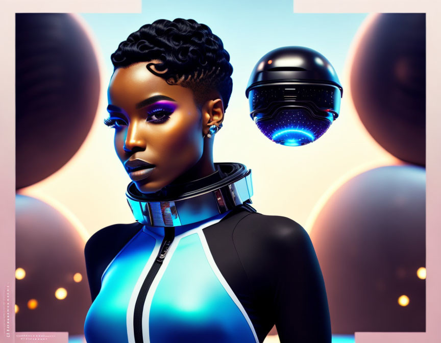 Sci-fi themed digital art portrait of a woman in futuristic attire.