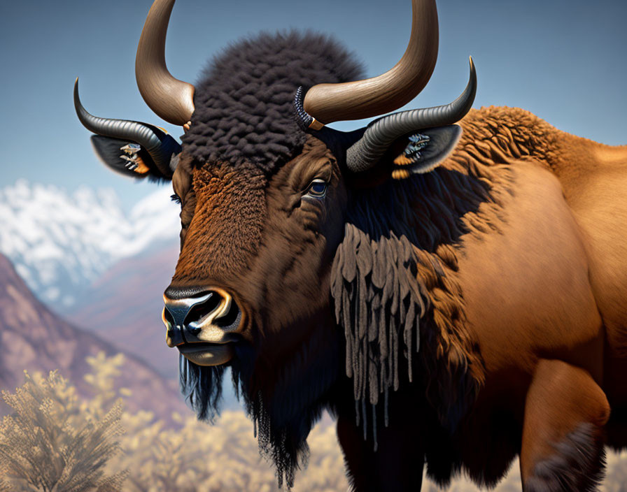 Detailed close-up of bison with curved horns and thick fur against mountainous backdrop