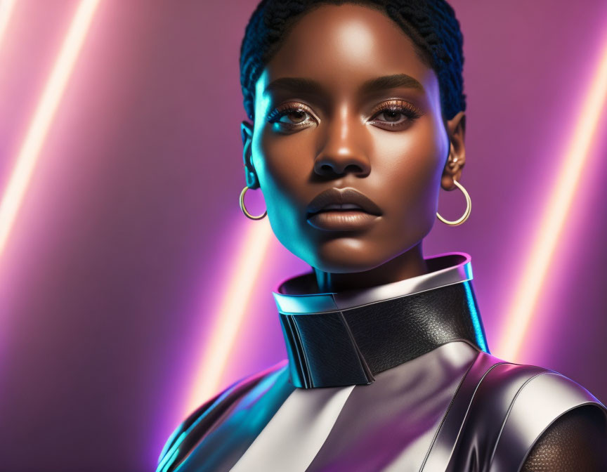 Digital artwork: Striking woman with braided hair, hoop earrings, futuristic collar on purple backdrop.