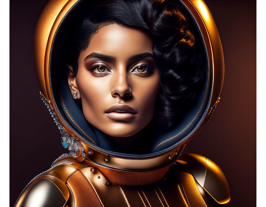 Striking woman in elegant astronaut suit with ornate details