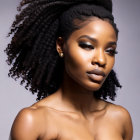 Woman with Long Black Dreadlocks and Striking Makeup on Gray Background