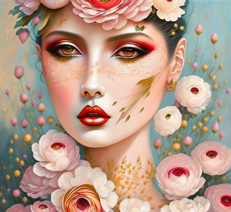 Stylized woman with floral and gold accents on blue backdrop