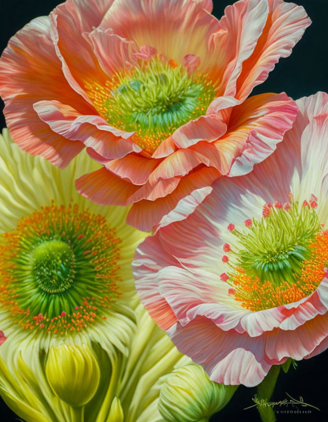 Detailed Painting of Three Vibrant Poppy Flowers