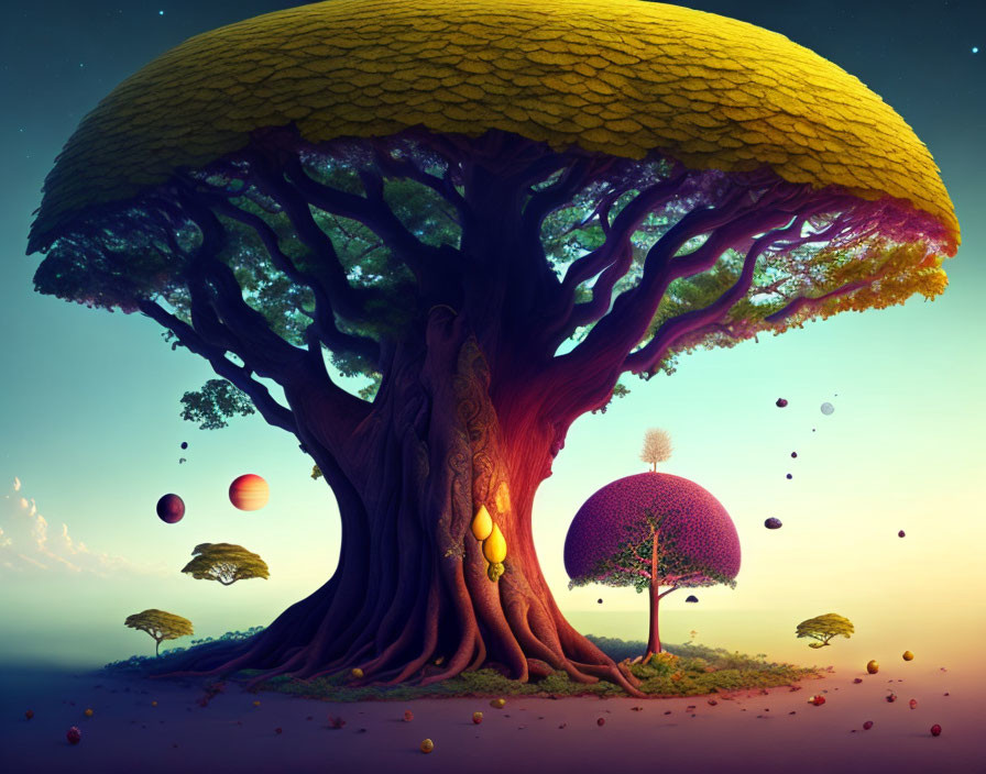 Surreal landscape with whimsical oversized tree