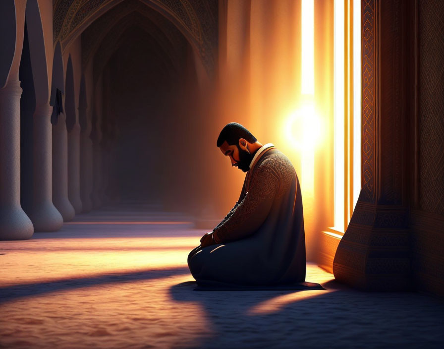 Man praying in sunlit ornate corridor with arched doorways