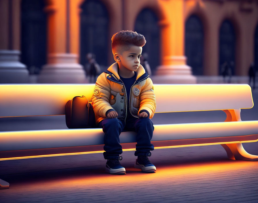 Young boy on glowing bench in twilight with classical architecture