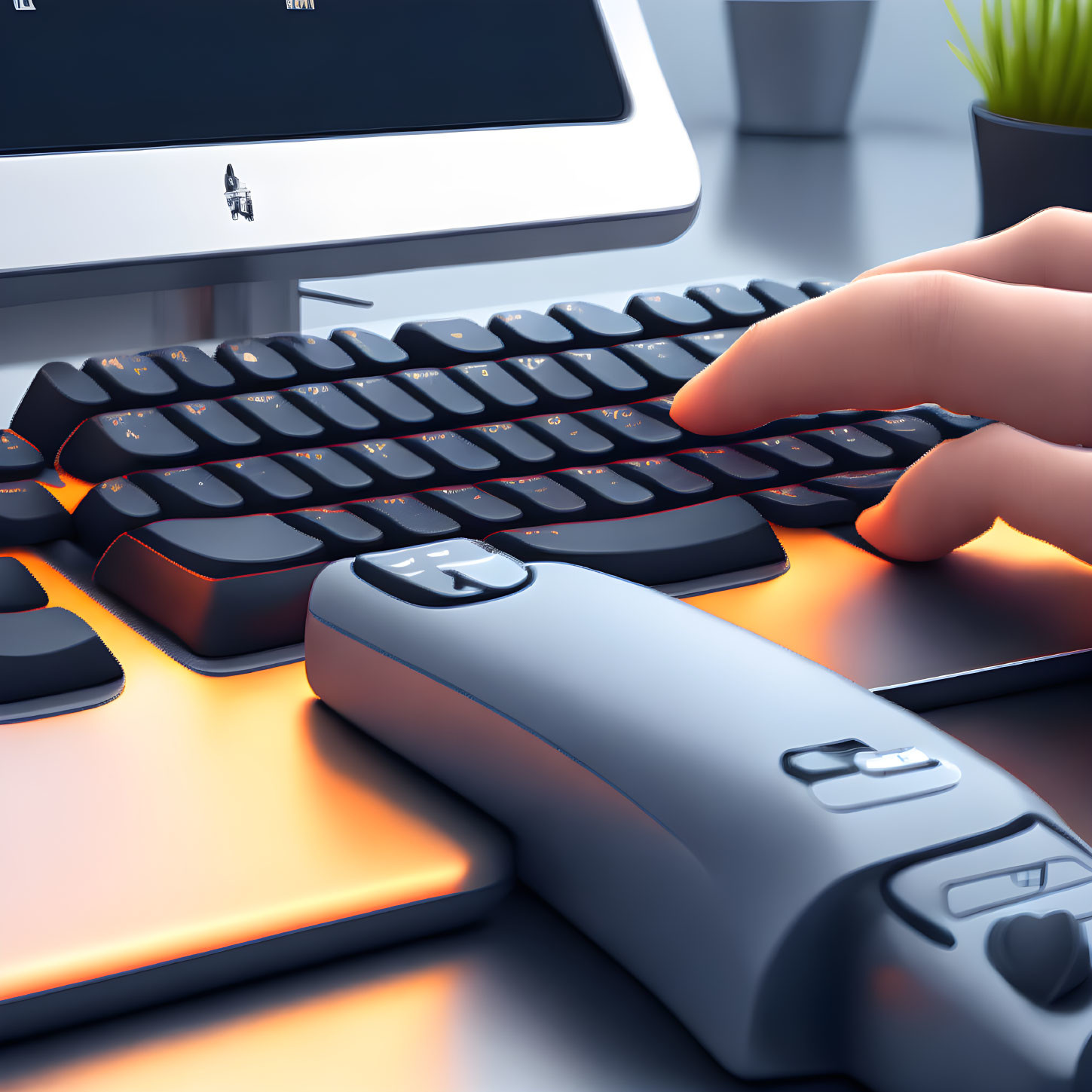 Person typing on black keyboard with wireless mouse, computer monitor, and plant in background.