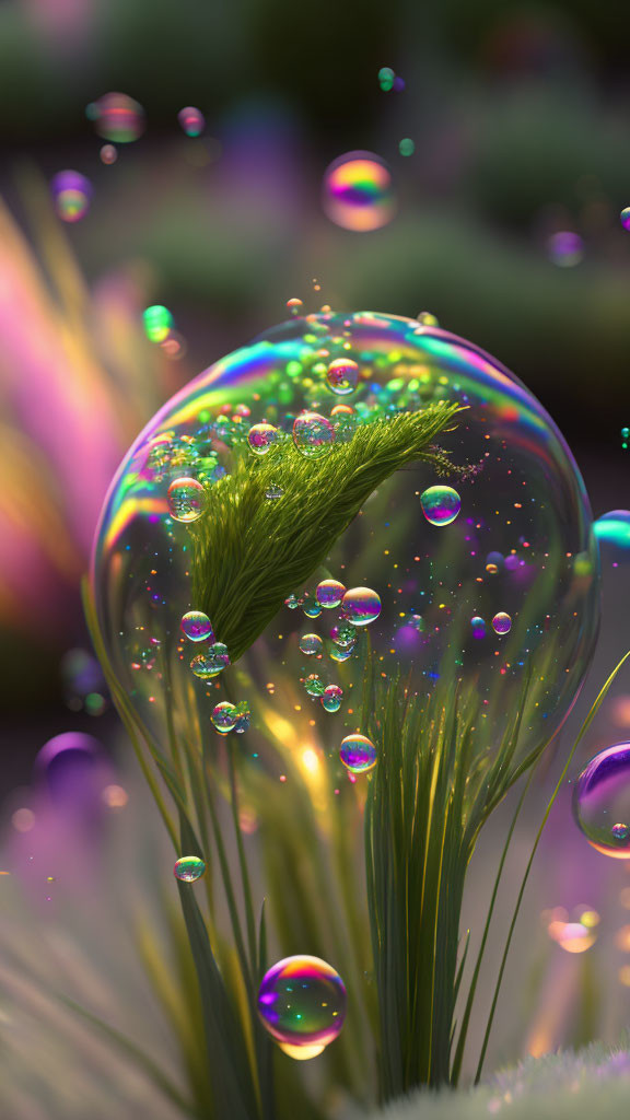 Vibrant translucent bubbles on green grass-like structures