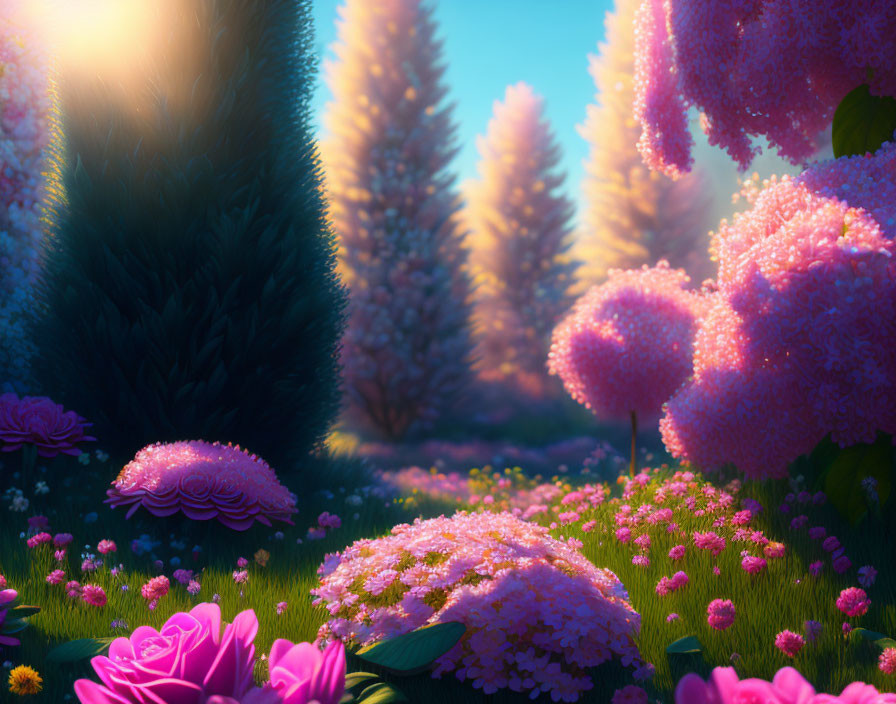 Colorful Fantasy Landscape with Pink Flora and Whimsical Trees