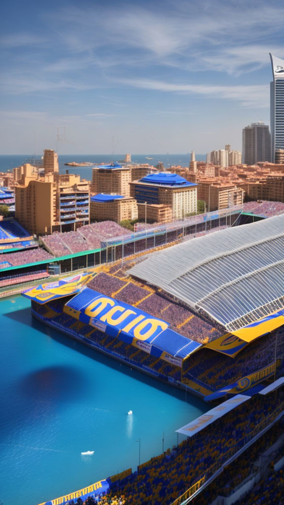 Vibrant sports stadium near water with solar panels and urban buildings