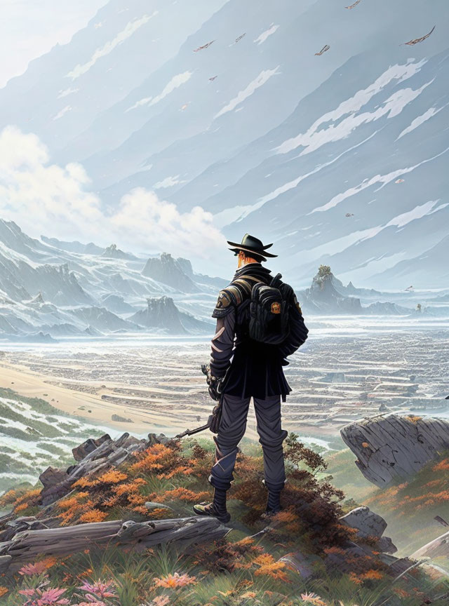 Traveler with backpack on rocky outcrop gazes at surreal landscape with cliffs and sea.