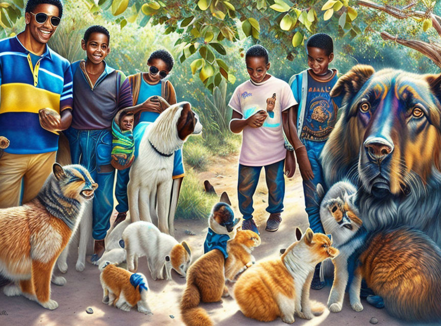 Colorful Family Outdoors with Dogs, Cats, and Parrot