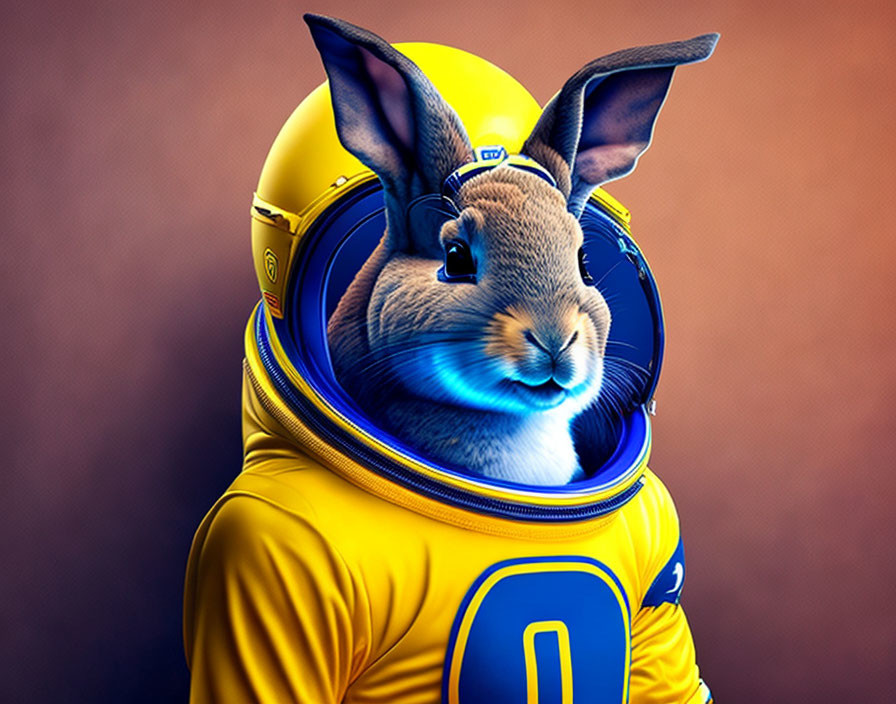 Digital artwork: Rabbit in astronaut suit on orange background