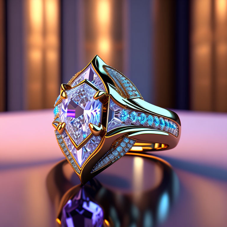 Luxurious Gold Ring with Central Diamond and Blue Gemstones on Intricate Band