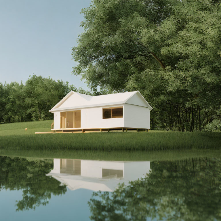 Modern White House with Overhanging Roof Reflected in Pond Amid Lush Greenery