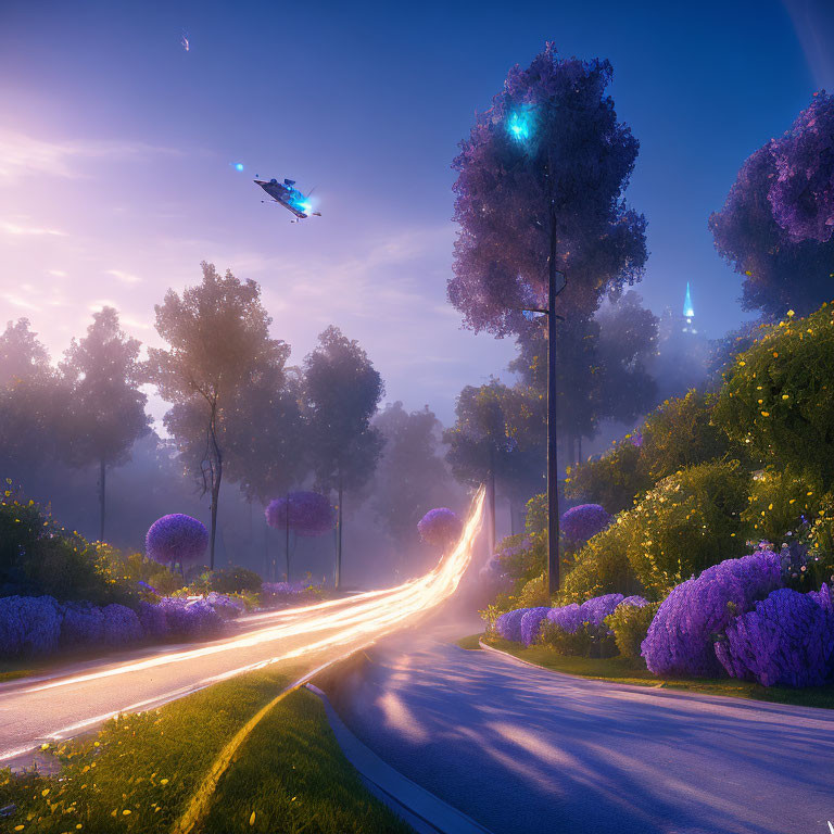 Tranquil dusk scene with light trails on road and futuristic vehicle overhead