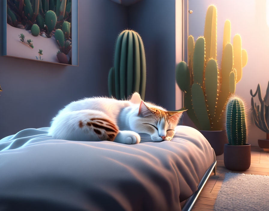 Calico Cat Napping on Blue Cushion with Cacti Illustrations and Real Cacti