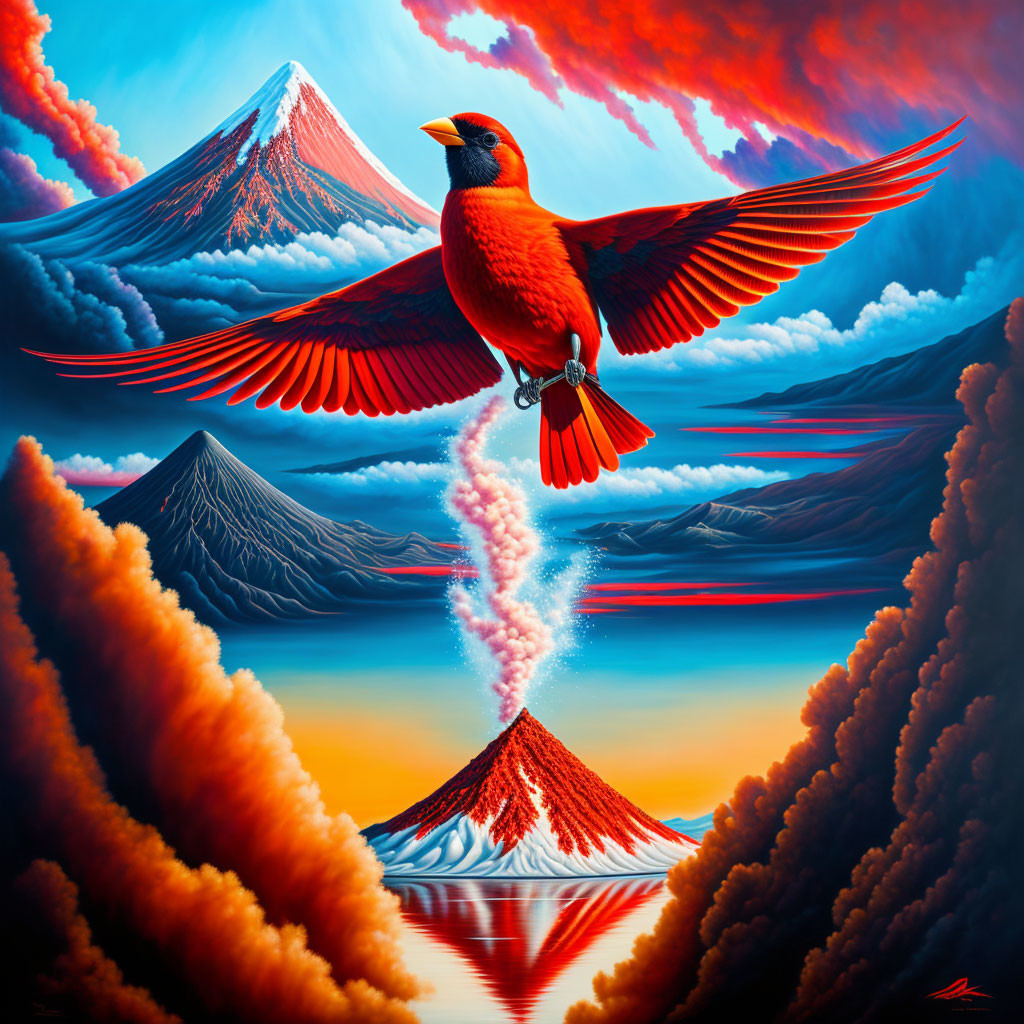 Red bird flying over erupting volcanoes in surreal landscape