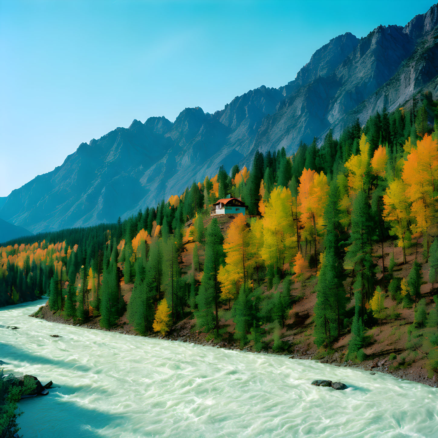 Tranquil River Landscape with Cottage and Mountains