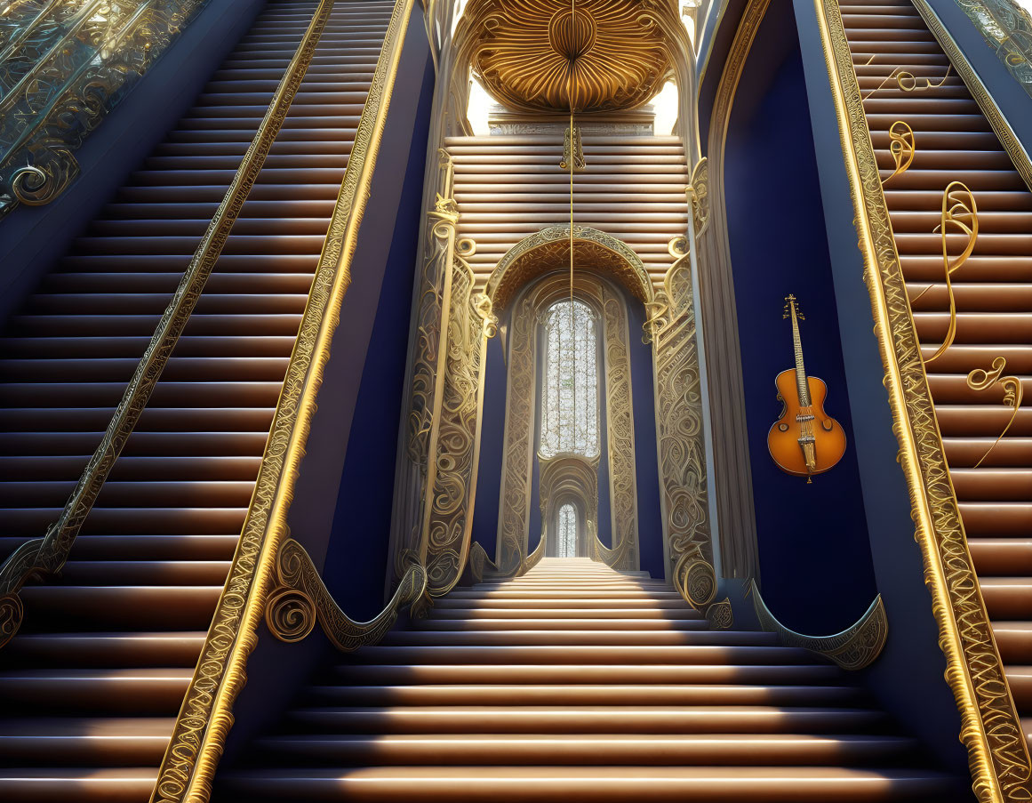 Golden-detailed staircase against blue walls with floating violin by glowing arch window