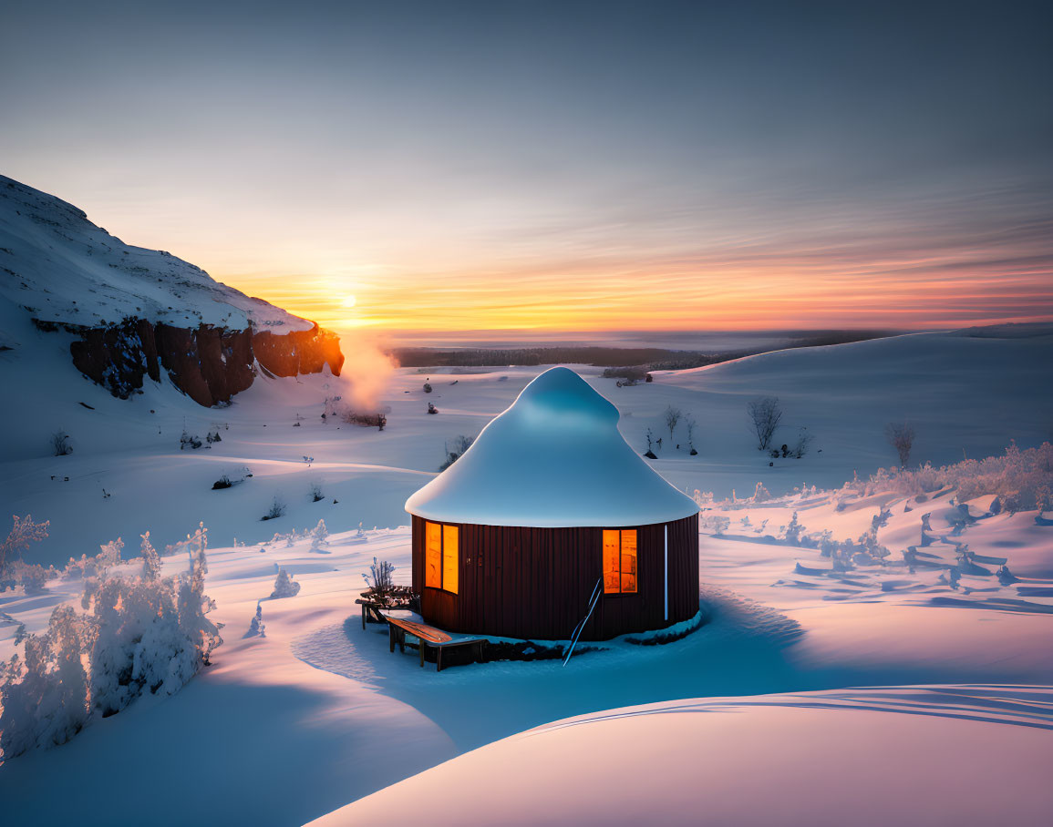 Snow-covered hut in tranquil winter landscape at sunrise