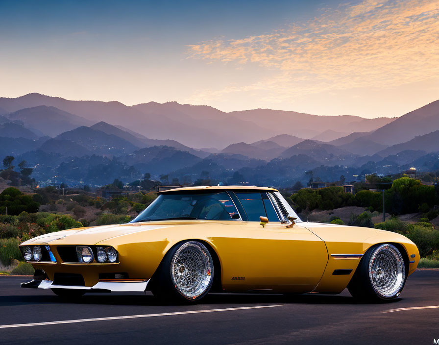 Yellow Sports Car with Chrome Rims on Open Road at Dusk