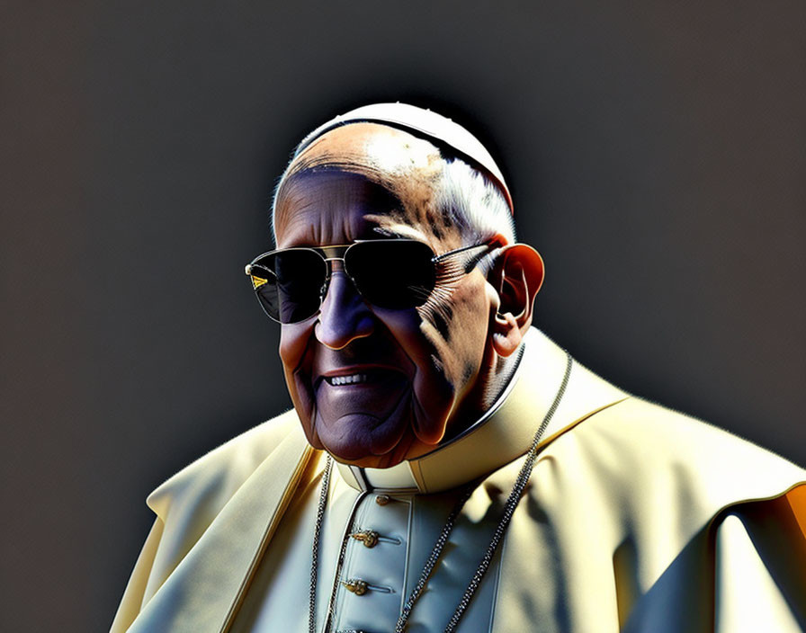 Smiling man in religious attire with zucchetto and sunglasses on dark background