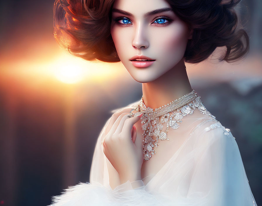 Digital artwork of woman with blue eyes, brown hair, necklace, sunset backdrop