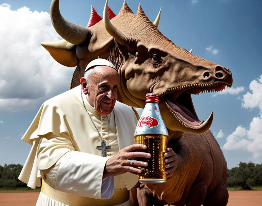 Man in papal attire with smiling dinosaur holding soda bottle in photoshopped image