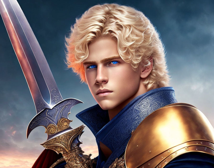 Young knight digital artwork: blonde hair, blue eyes, sword, blue & gold armor, dramatic sky