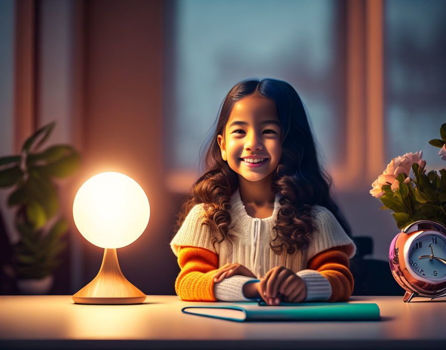 Young girl at desk with notebook, pen, lamp, clock in cozy room