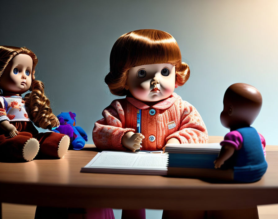 Dolls arranged in classroom scene with teacher, student, and observer