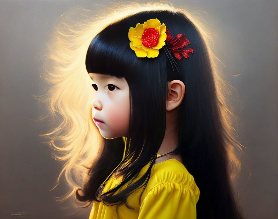 Young girl in yellow dress with floral hair accessory gazing thoughtfully.