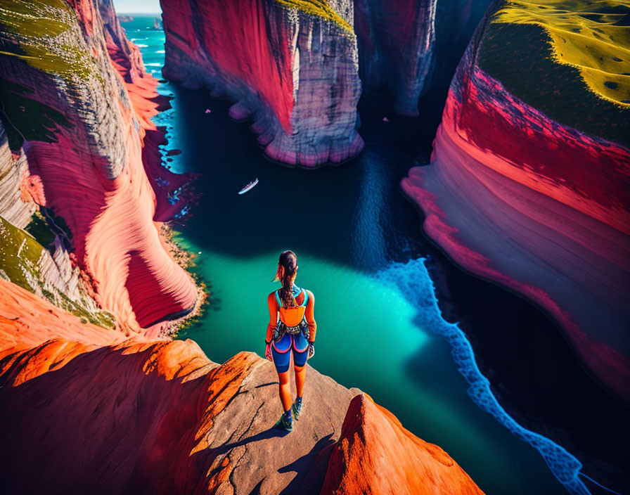 Person overlooking red rock canyon with turquoise river