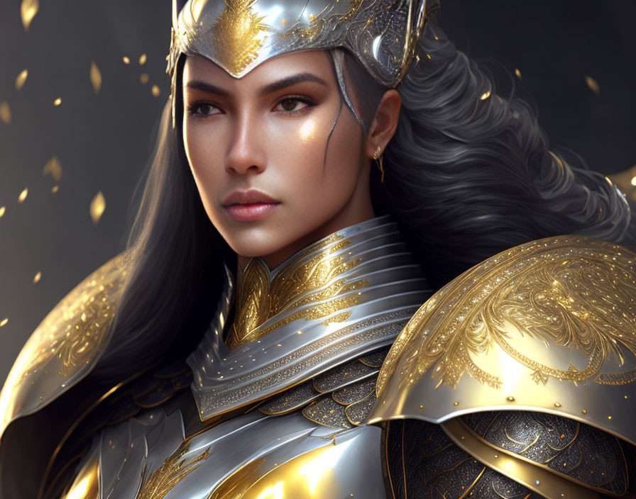 Elaborate golden armor warrior against dark backdrop