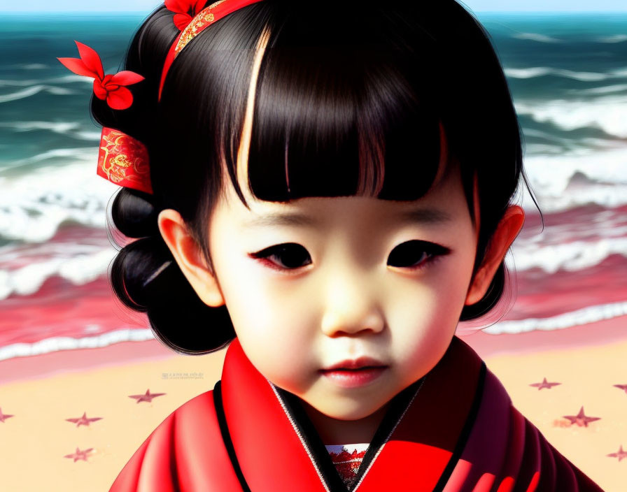 Young child portrait with dark hair in buns, red flowers, red outfit, beach backdrop.