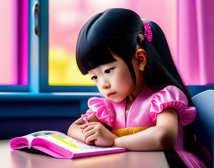 Young girl in pink traditional dress reading book by window