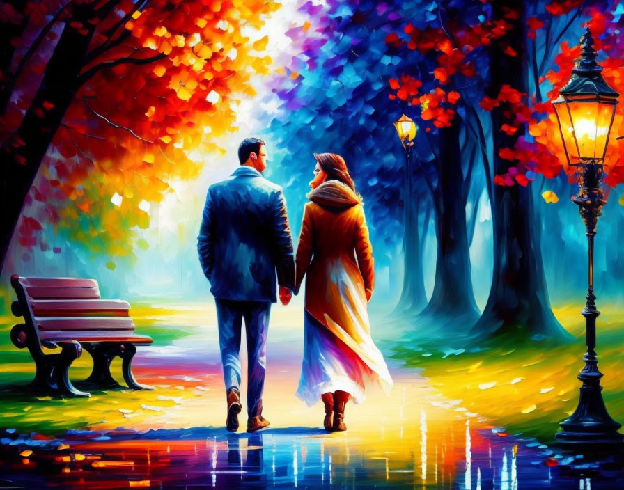 Couple Walking in Colorful Autumn Park with Glowing Street Lamp