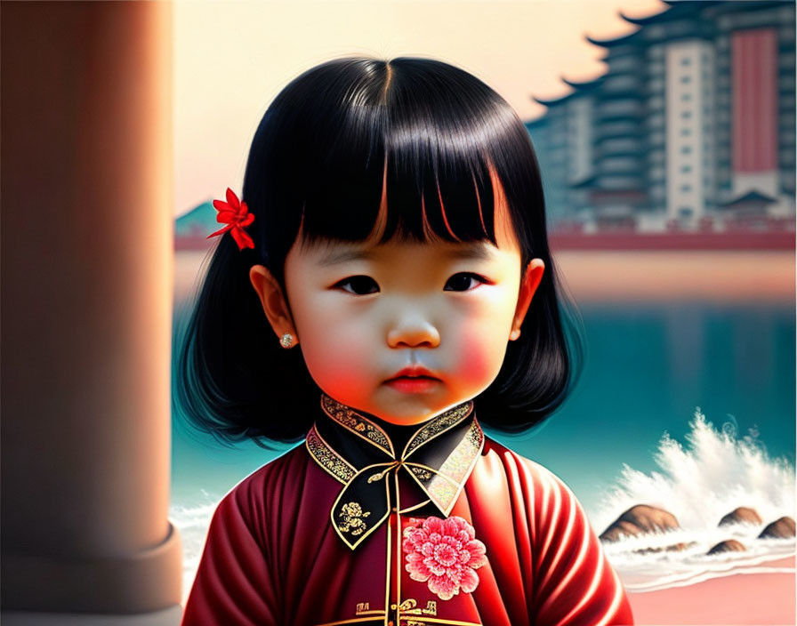 Digital art illustration of little girl in red Chinese dress with flower clip in hair against classical architecture backdrop