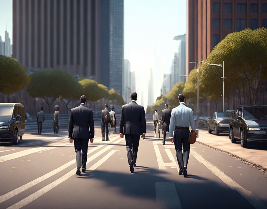 City street scene with three businessmen, trees, and buildings under clear sky