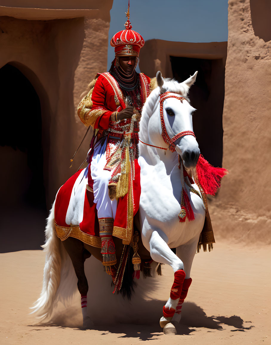 Person in Red Traditional Attire Riding White Horse with Matching Decorative Elements