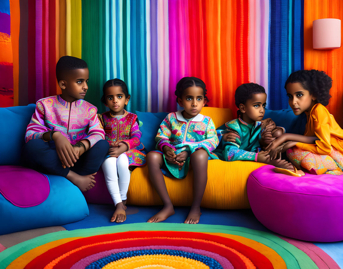 Five children in colorful traditional attire on vibrant couches against multicolored backdrop