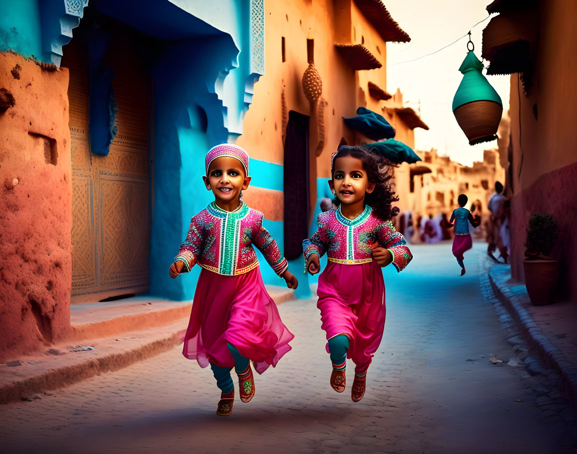 Two children in traditional attire running in colorful alleyway with old buildings and green lanterns