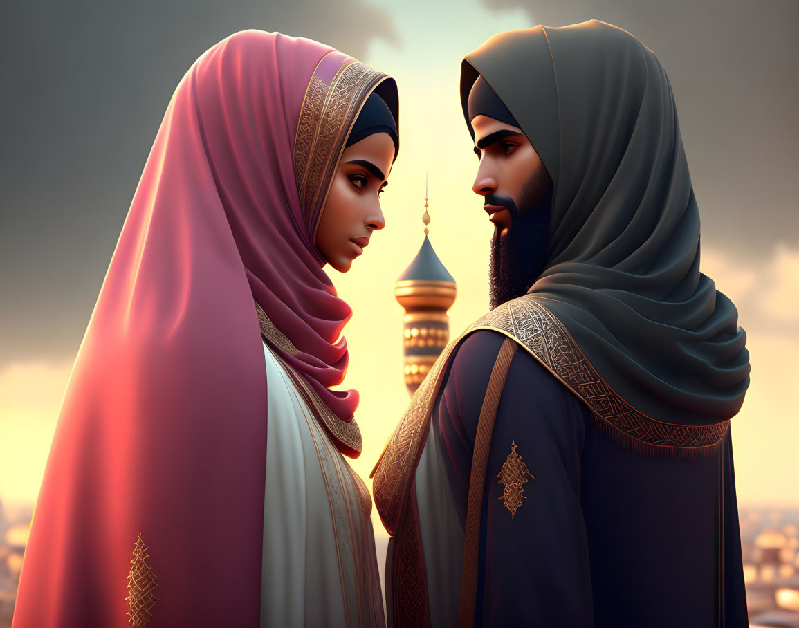 Male and female animated characters in Middle Eastern attire with mosque and sunset.