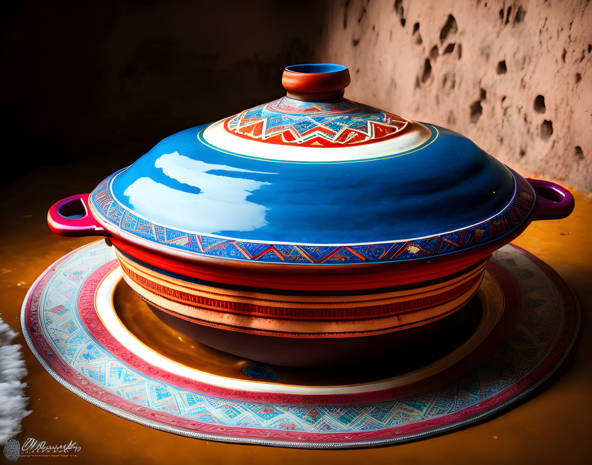 Colorful Moroccan Tagine on Matching Plate Against Earthy Background