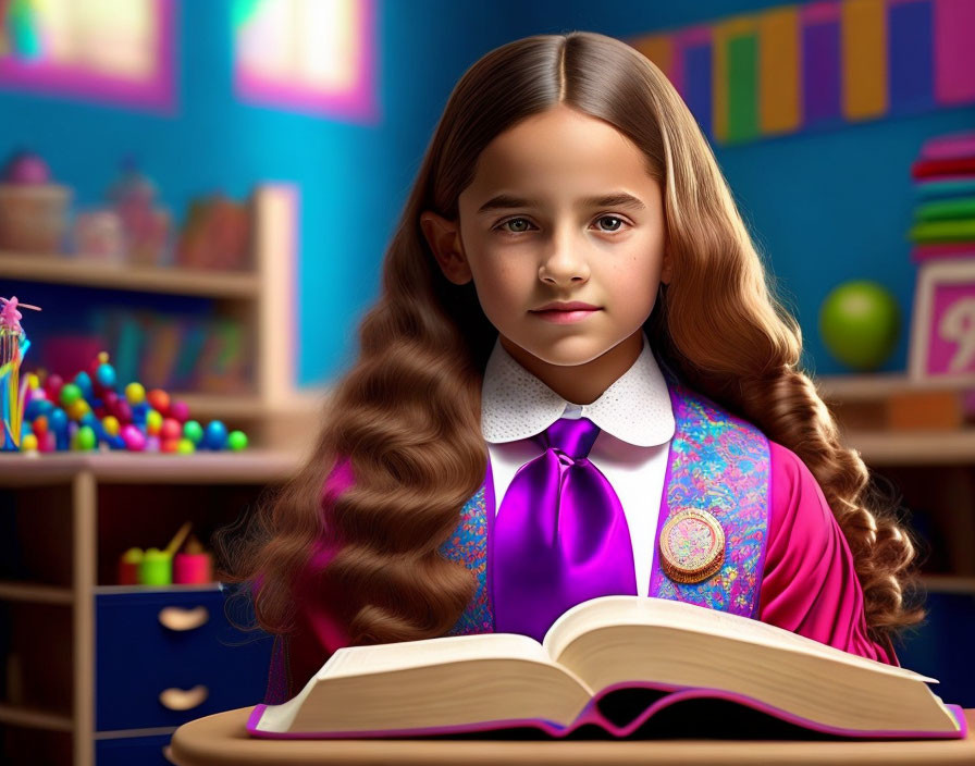 Young girl with flowing hair and purple bow tie reading in front of colorful bookshelves